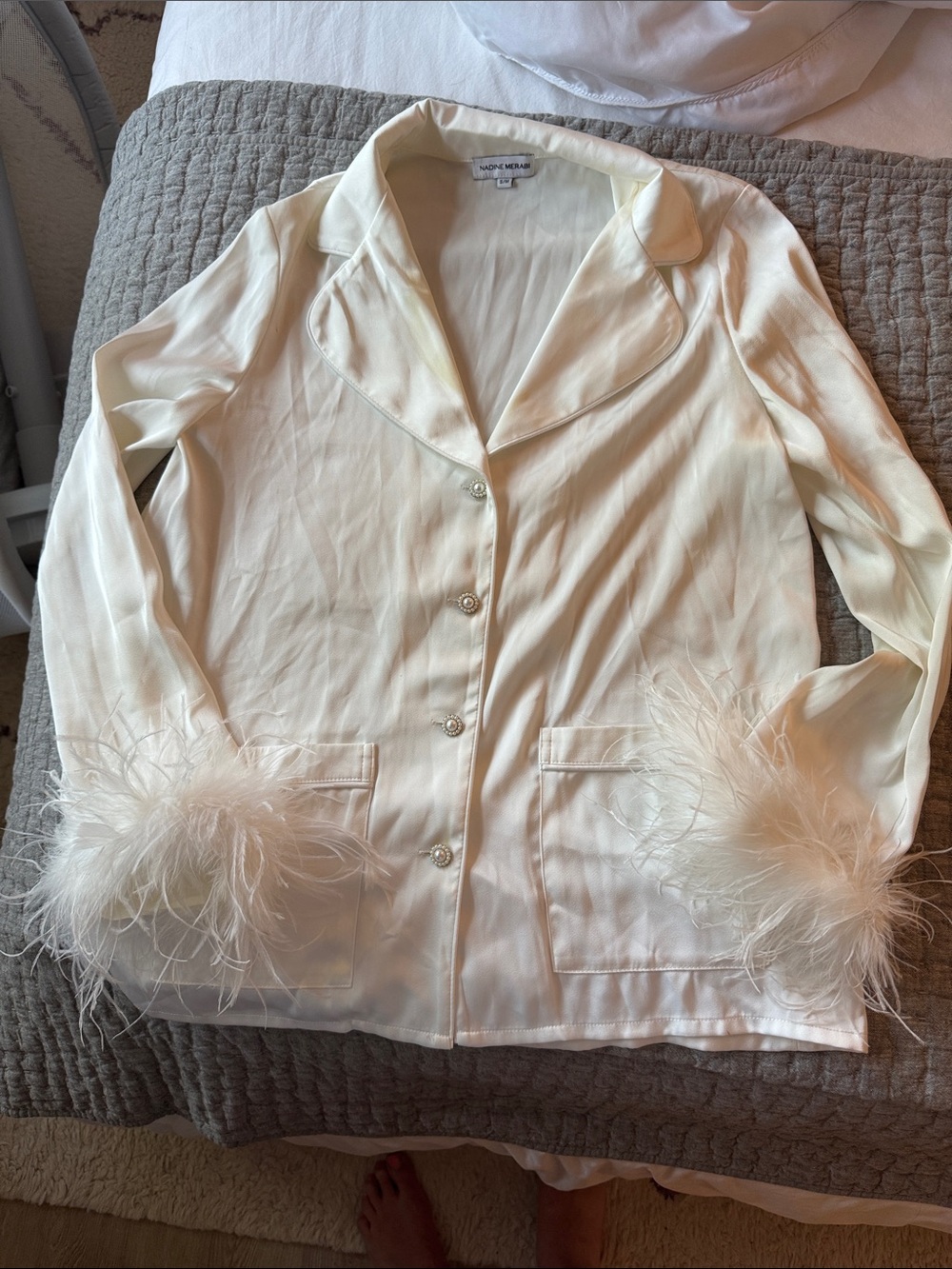 Cream Feather-Trim Button PJ set